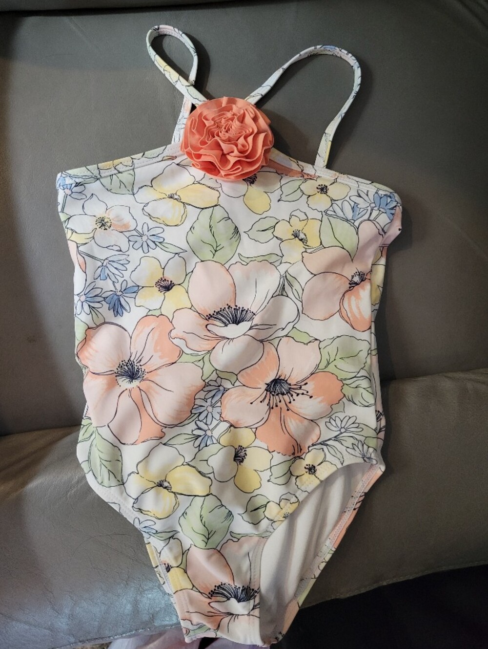 Janie And Jack Floral One-Piece Swimsuit with Coral Flower Accent Size 4